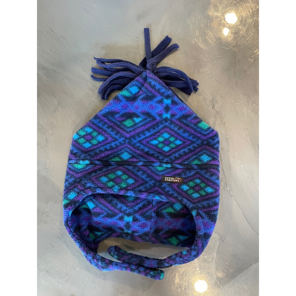 Teton Toasters Fleece Earflap Beanie Hat Purple Geometric 90s Y2K USA Tassel